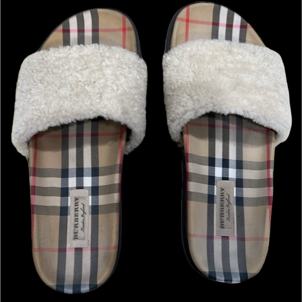Burberry cream colored Shearling Check  Slides
 size 39